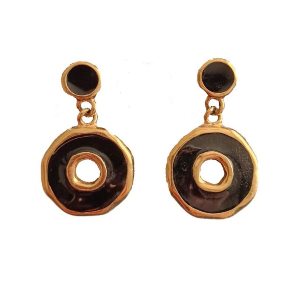 Vintage Trefari Black & Gold Dangle Rounds Pierced Earrings